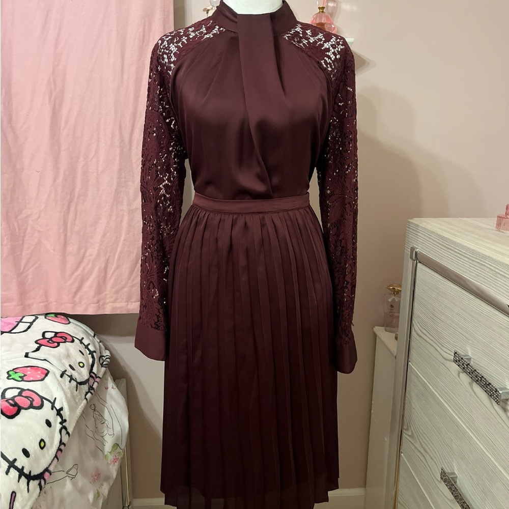 Elegant Burgundy Lace Sleeve Dress
